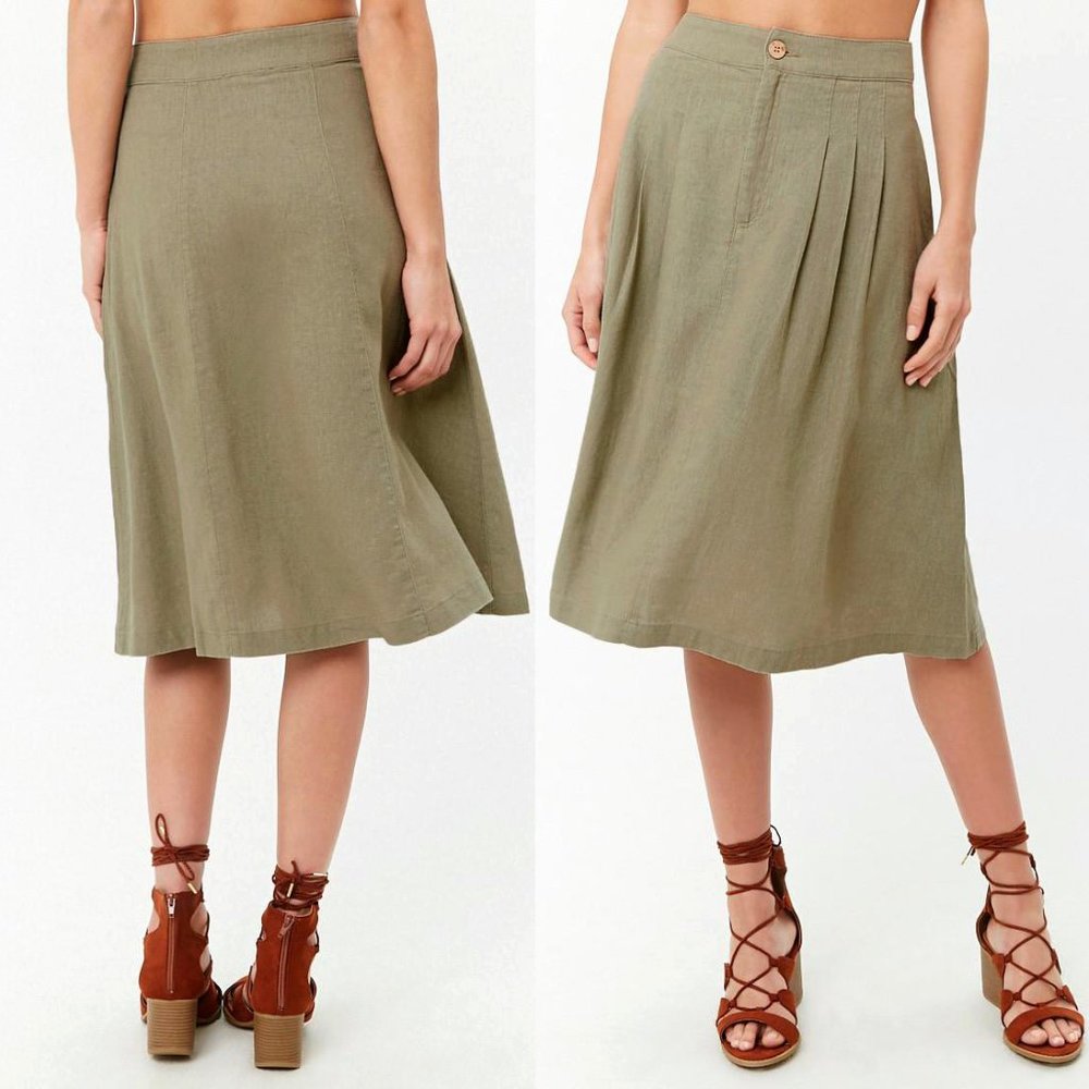 Light Olive Sage Linen Pleated A Line Midi Skirt - Picture 2 of 8